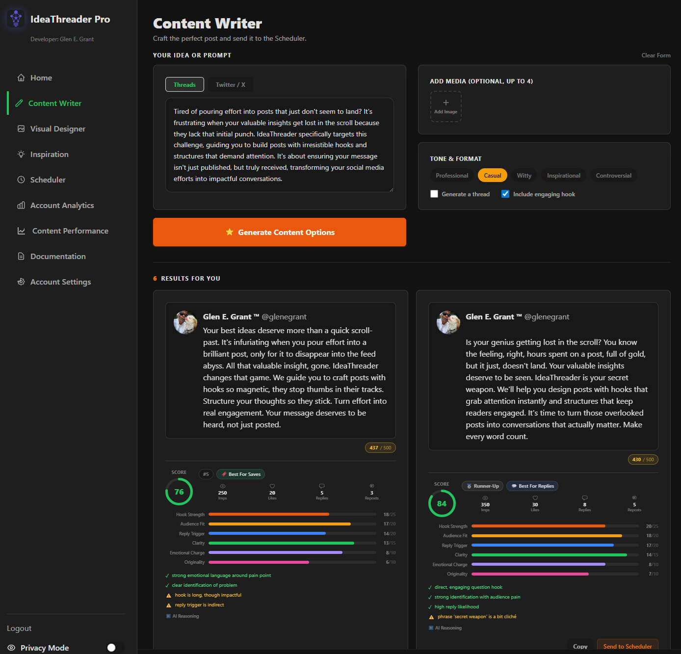 IdeaThreader Pro content writer with generated results and scoring