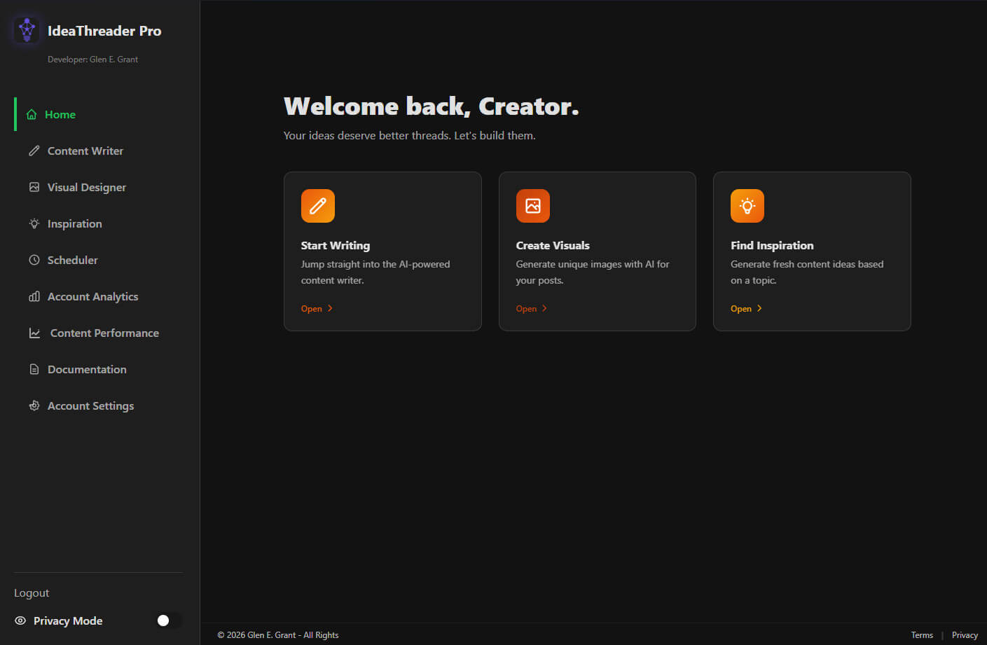 Home dashboard and core workspace overview