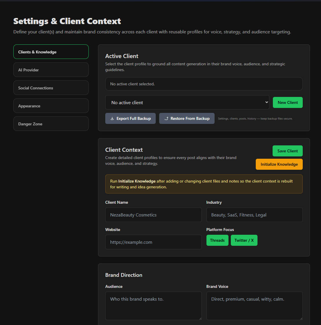 Client settings and local-first context controls